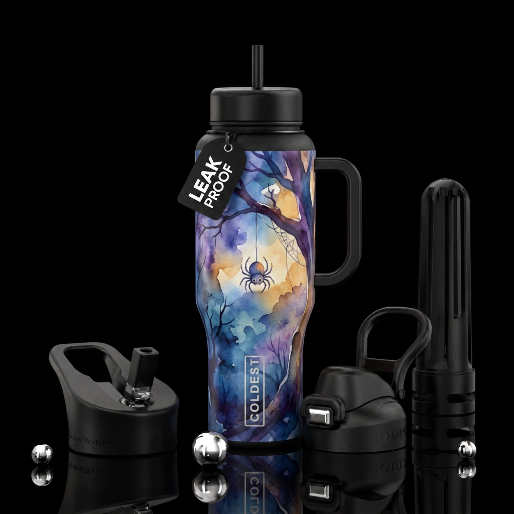 Cute Spider coming down a tree , twilight,  artist... water bottle design