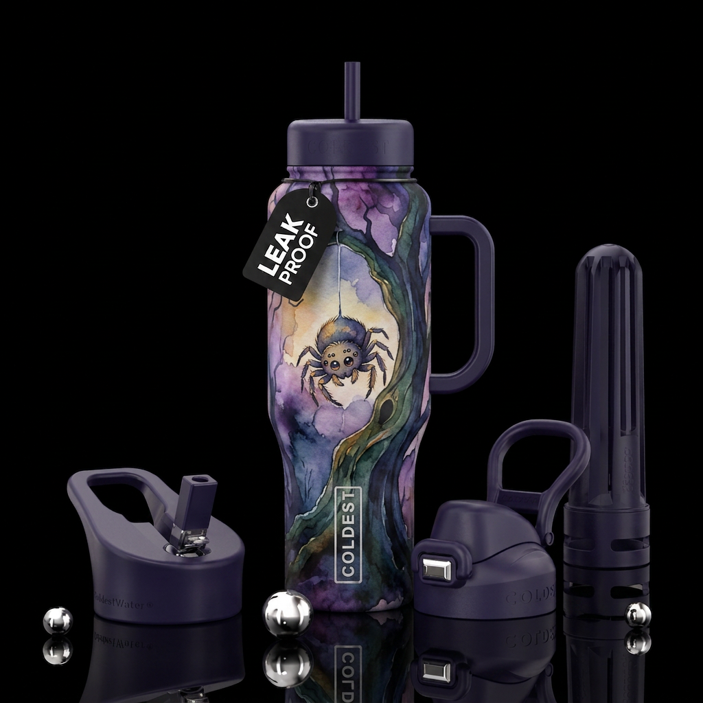 Cute Spider coming down a tree , twilight,  artist... water bottle design