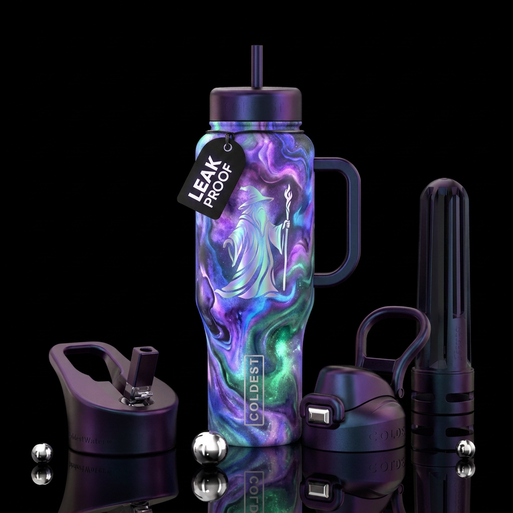 wizard, irridescent, watercolor, oil painted, arti... water bottle design