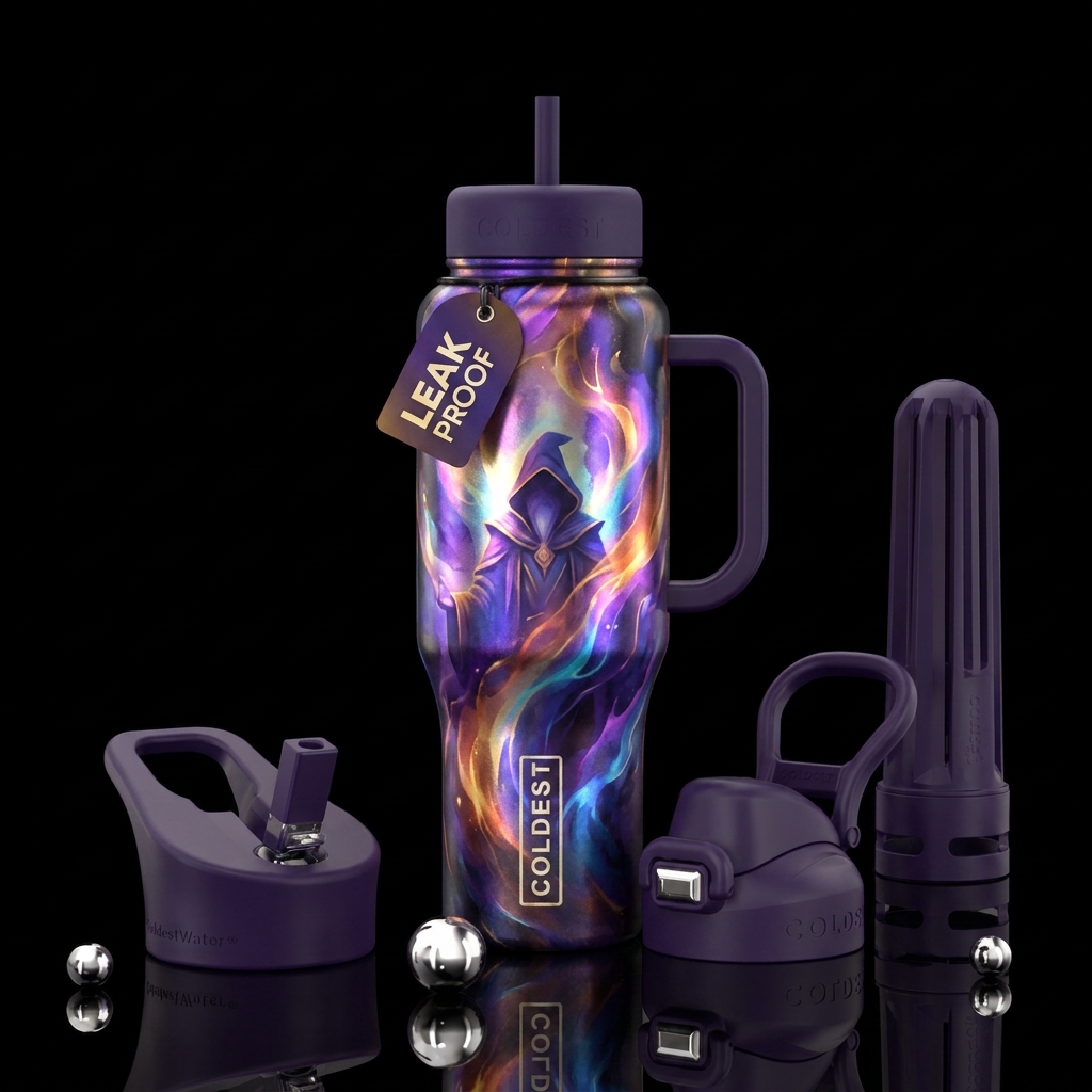 wizard, irridescent, watercolor, oil painted, arti... water bottle design