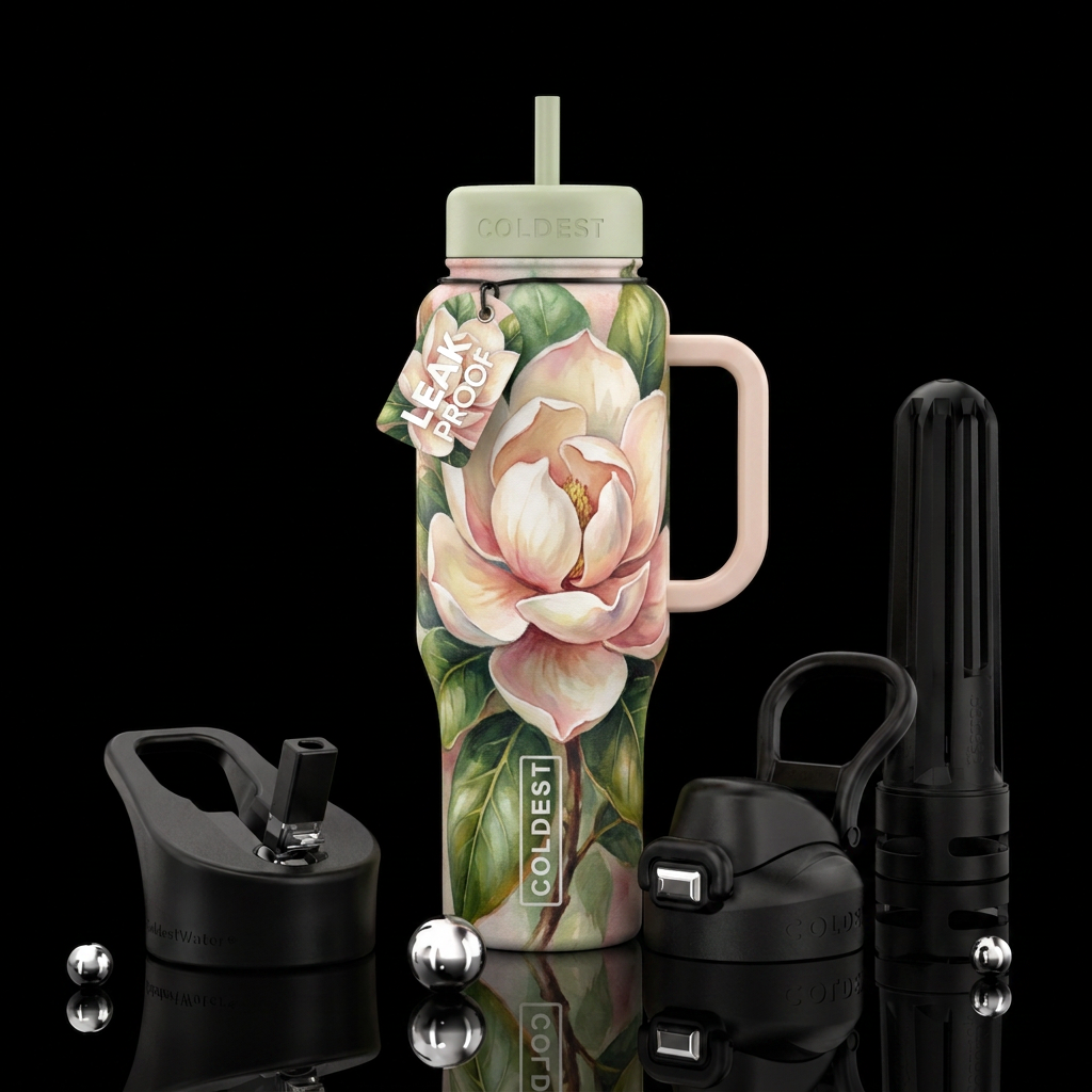 Big magnolia bloom, watercolor beautiul, oil paint... water bottle design