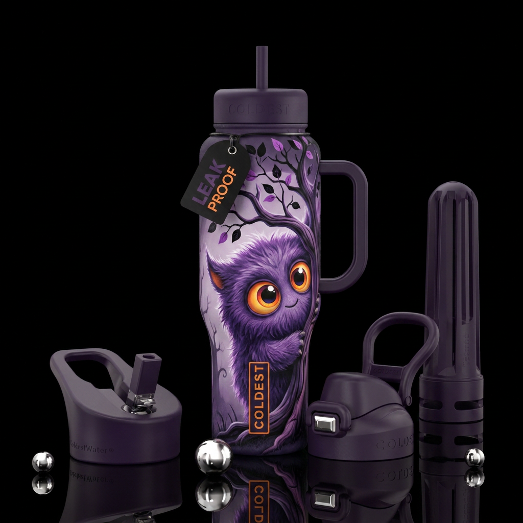 Fuzzy cute monster with adorable big eyes,  peekin... water bottle design