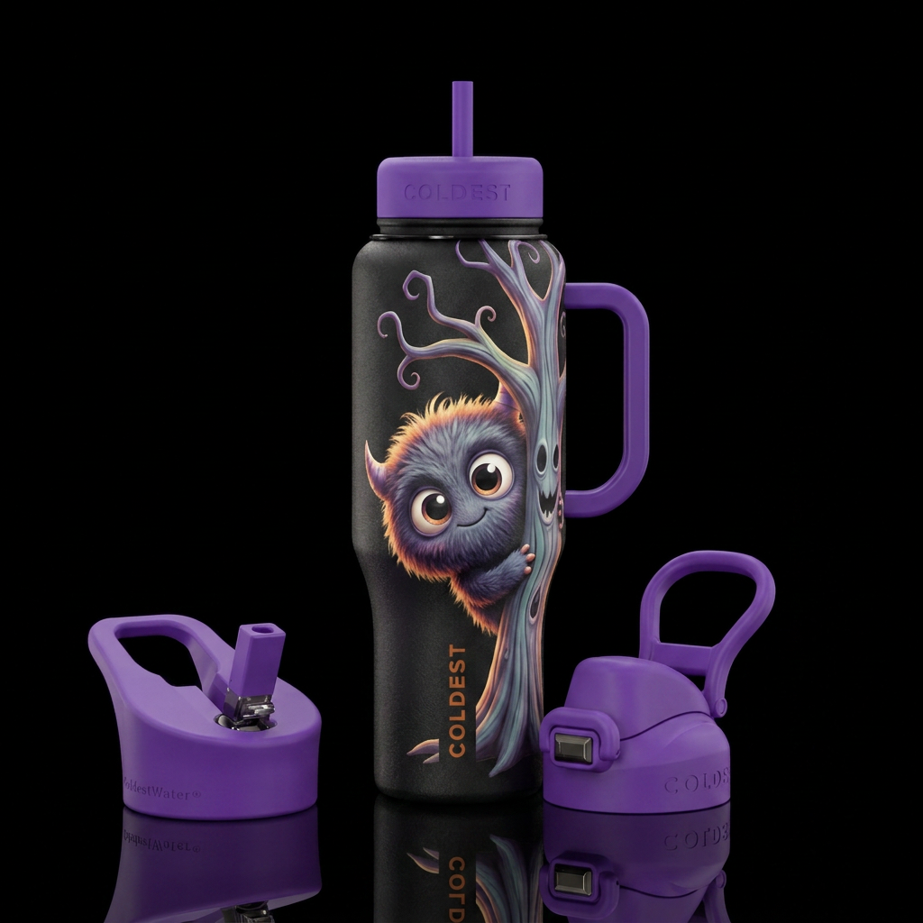 Fuzzy cute monster with adorable big eyes,  peekin... water bottle design