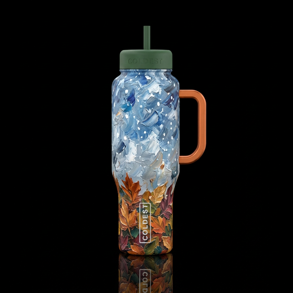 FALL Leaves on the bottom of the AND snow falling ... water bottle design