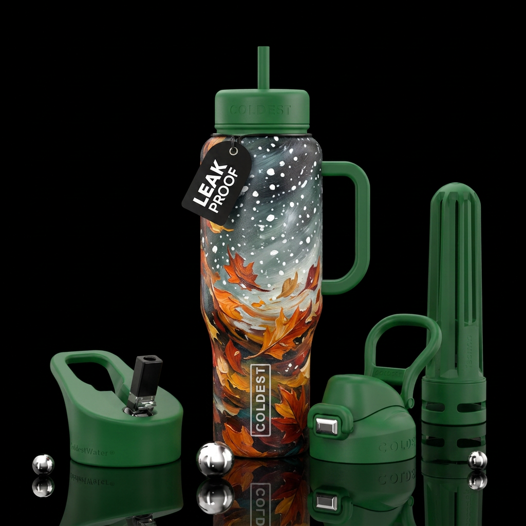 FALL Leaves on the bottom of the AND snow falling ... water bottle design