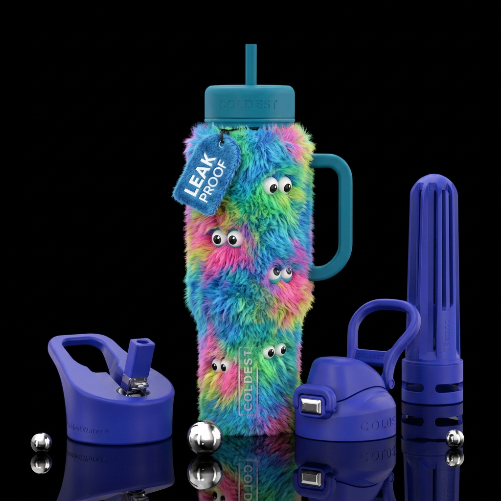 Furry tumbler with cute eyes peeking out,  artisti... water bottle design