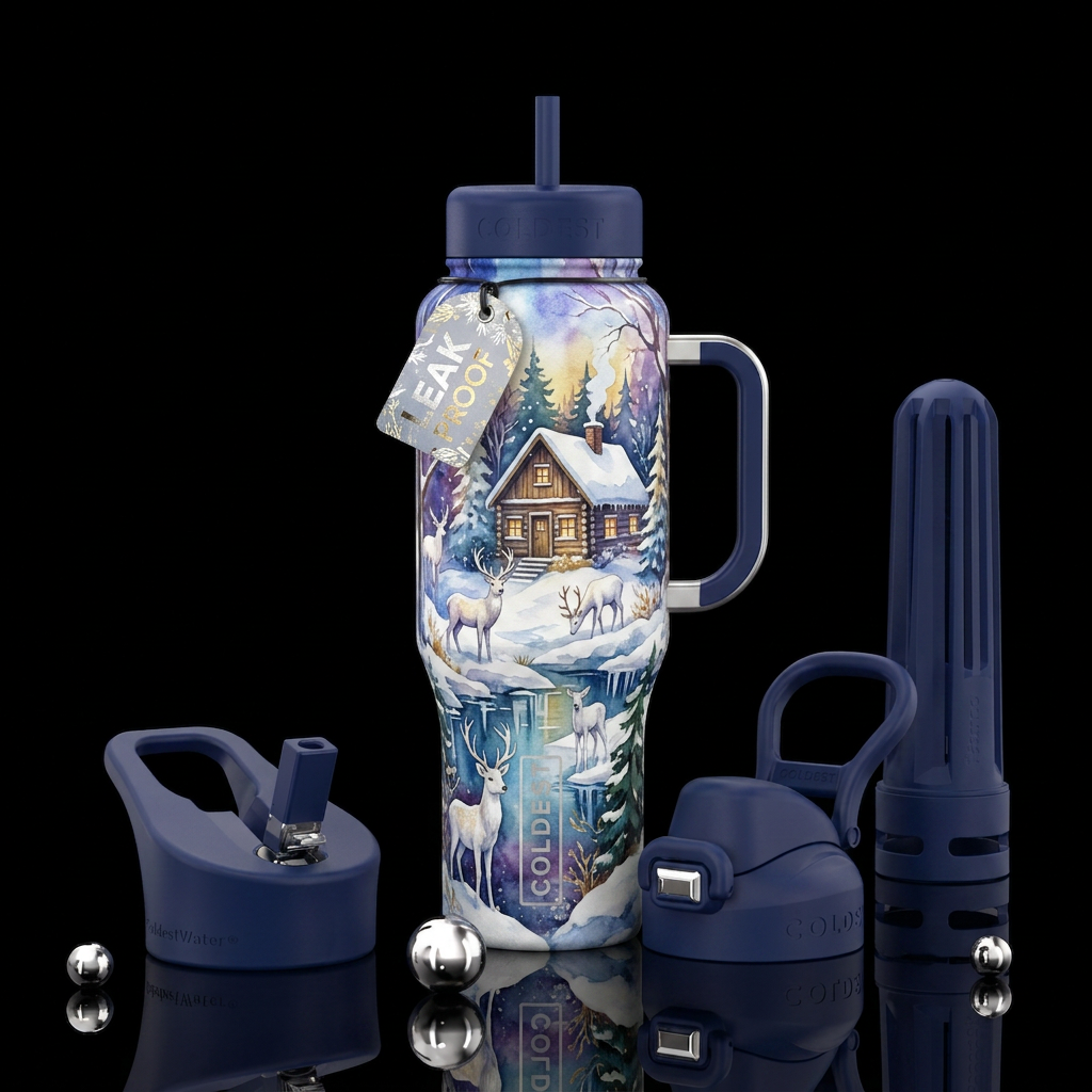 winter wonderland,  cabin,  white deers,  beautiul... water bottle design