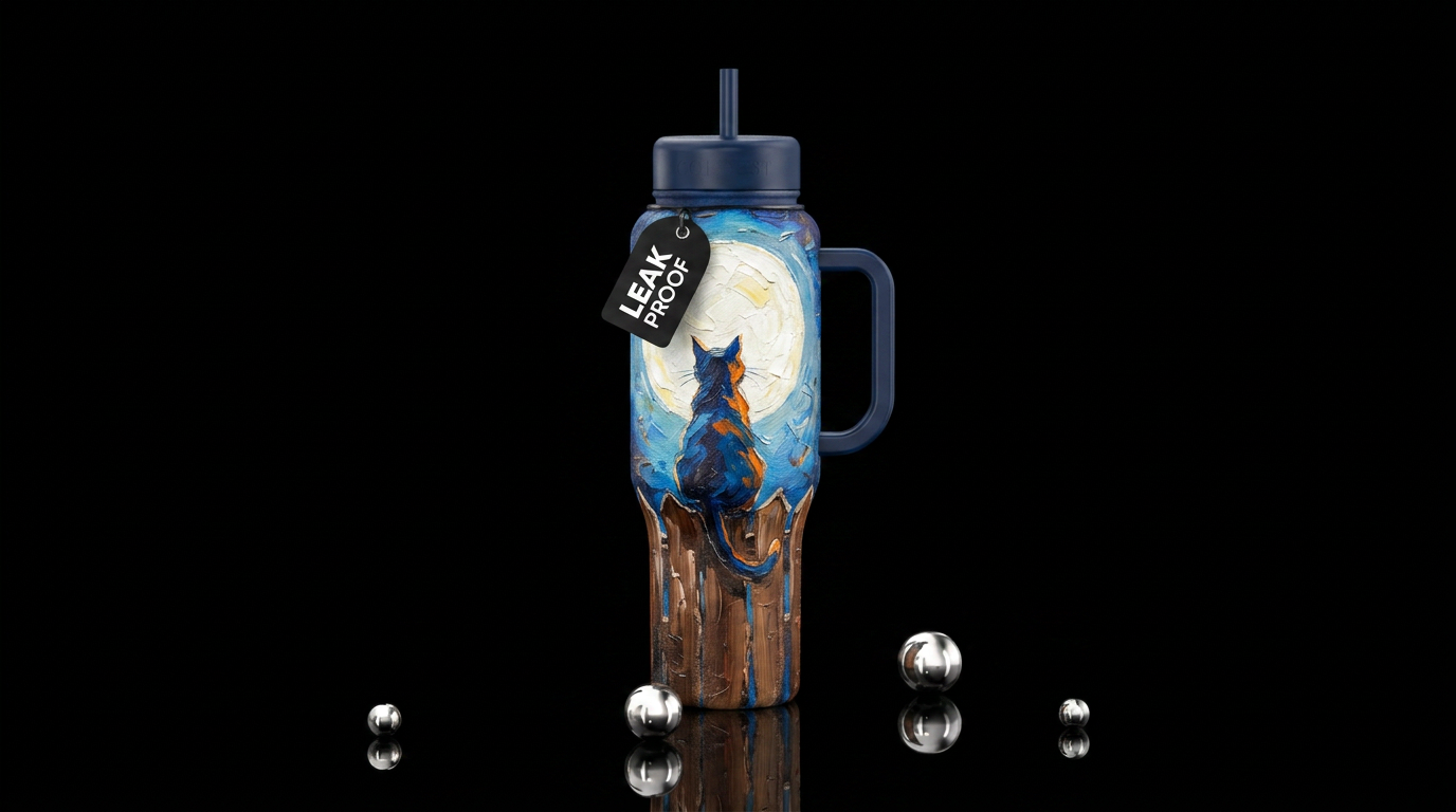 oil painted,  texture painting,  cat sitting on a ... water bottle design