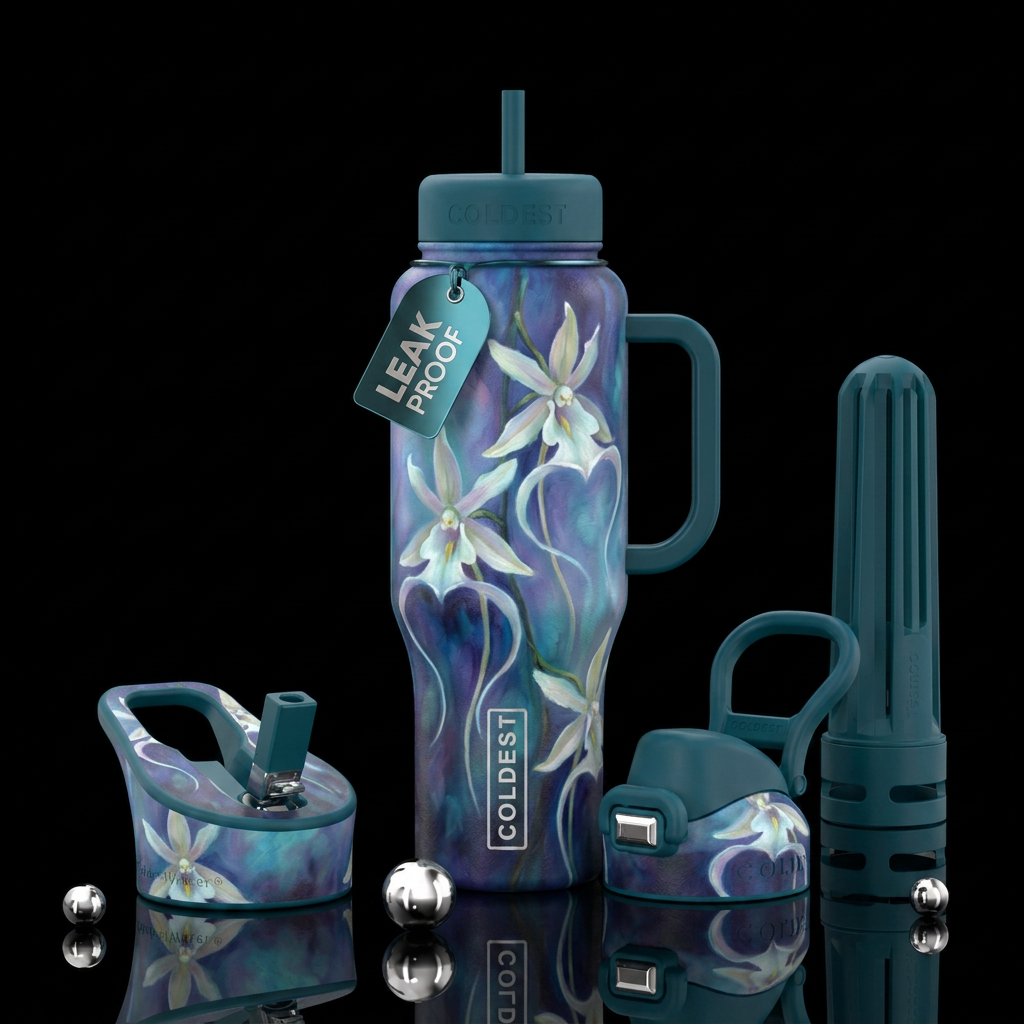 Ghost orchid,  glowie, texture painting, oil paint... water bottle design