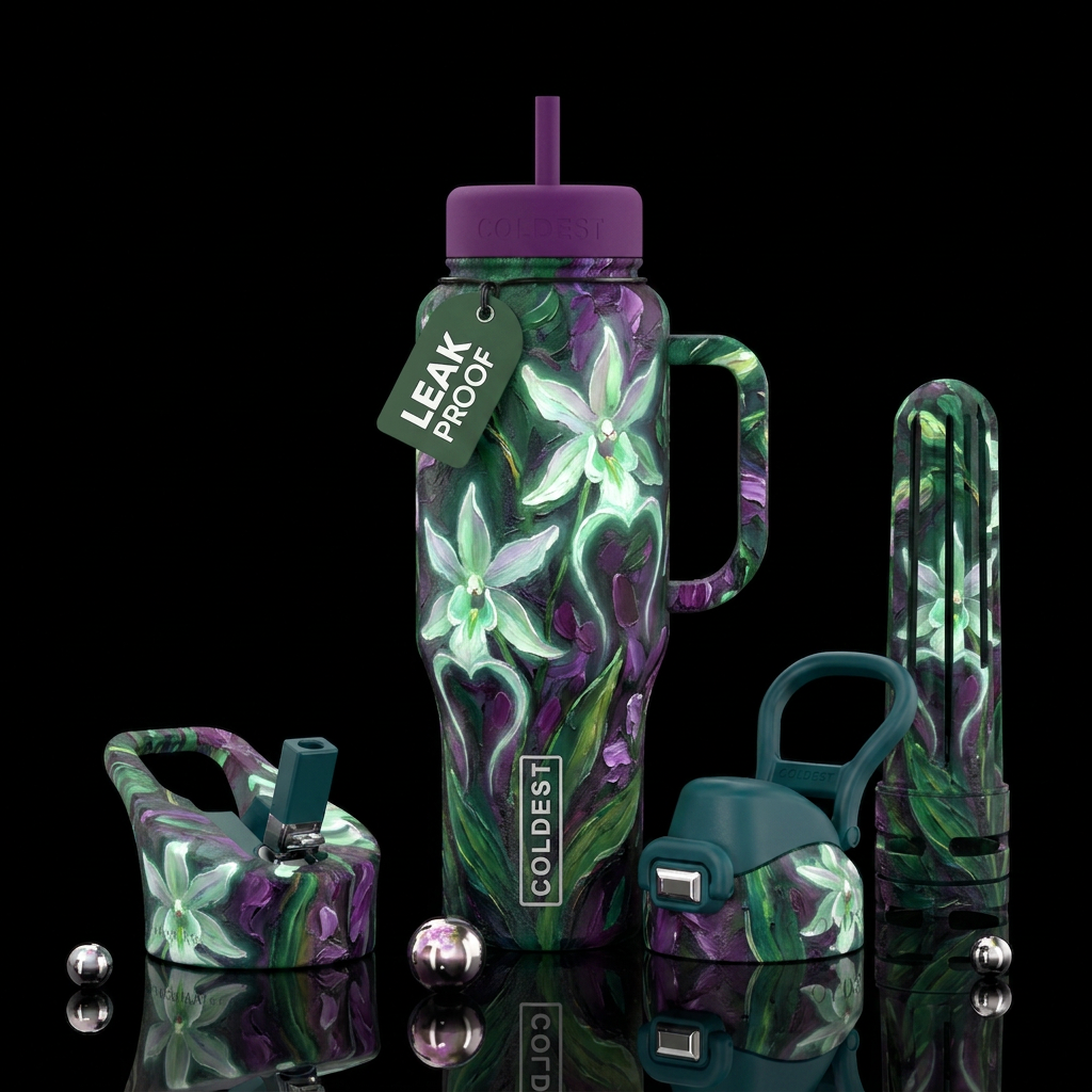 Ghost orchid,  glowie, texture painting, oil paint... water bottle design