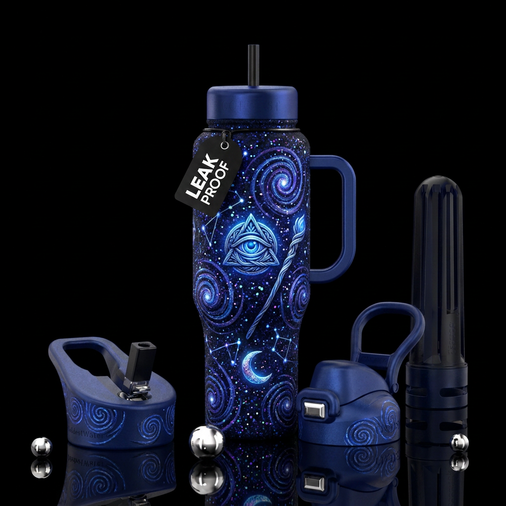 wizard, glowie, blue, sparkly, spirals, beautiul water bottle design