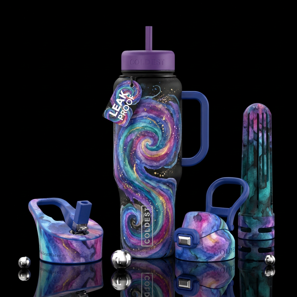 magic, swirls, watercolor, fantasy, beautiul water bottle design