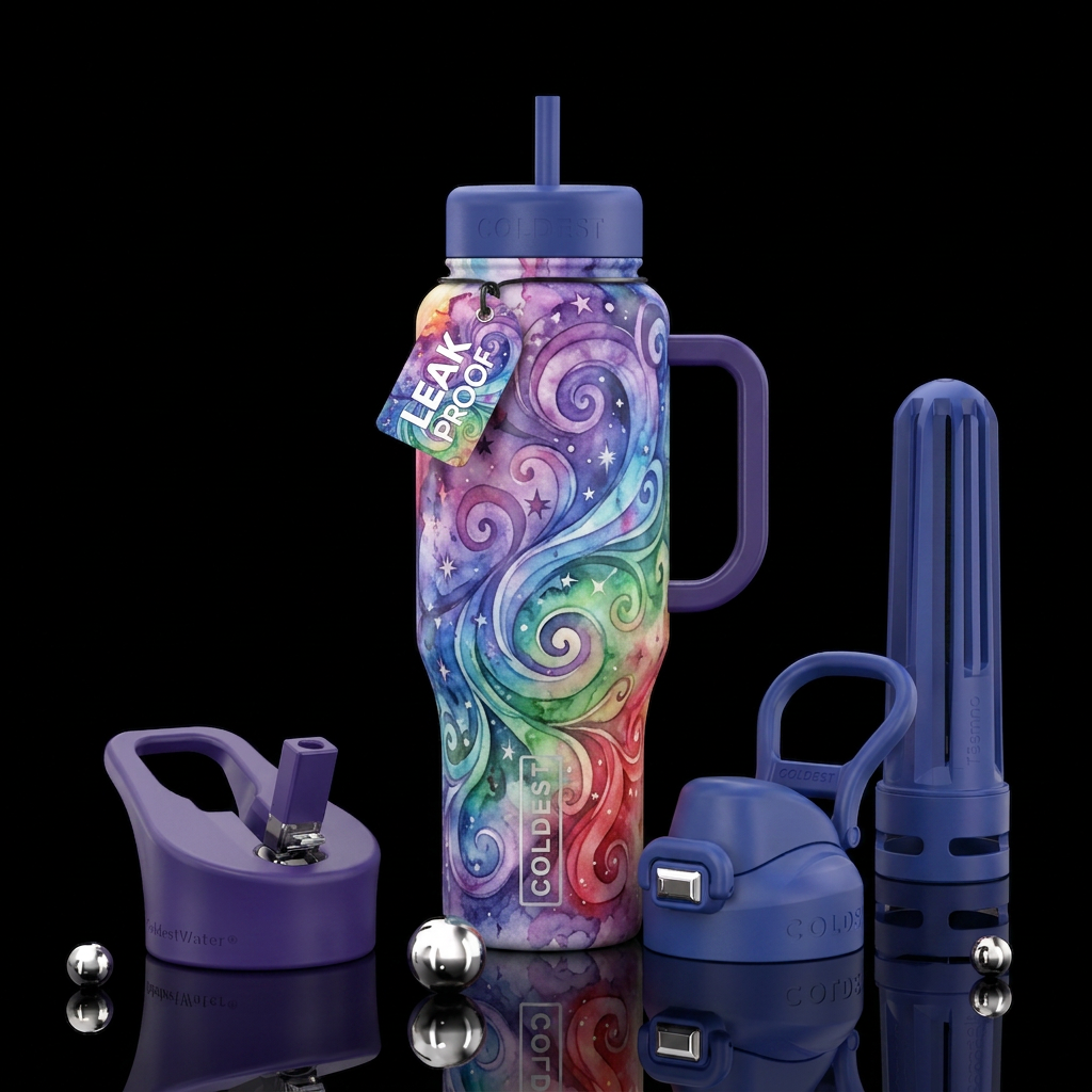 magic, swirls, watercolor, fantasy, beautiul water bottle design