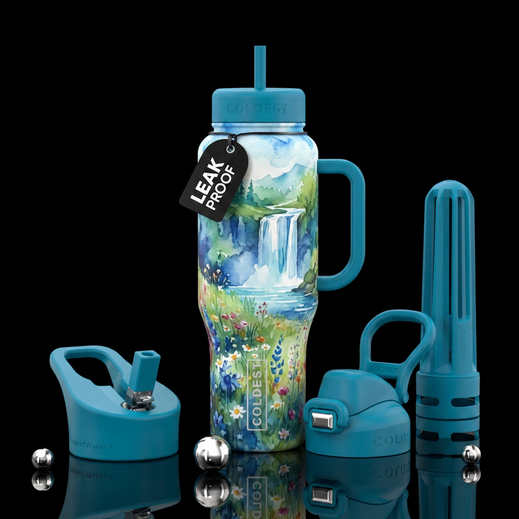 watercolor, waterfall,  meadow,  beautiul water bottle design