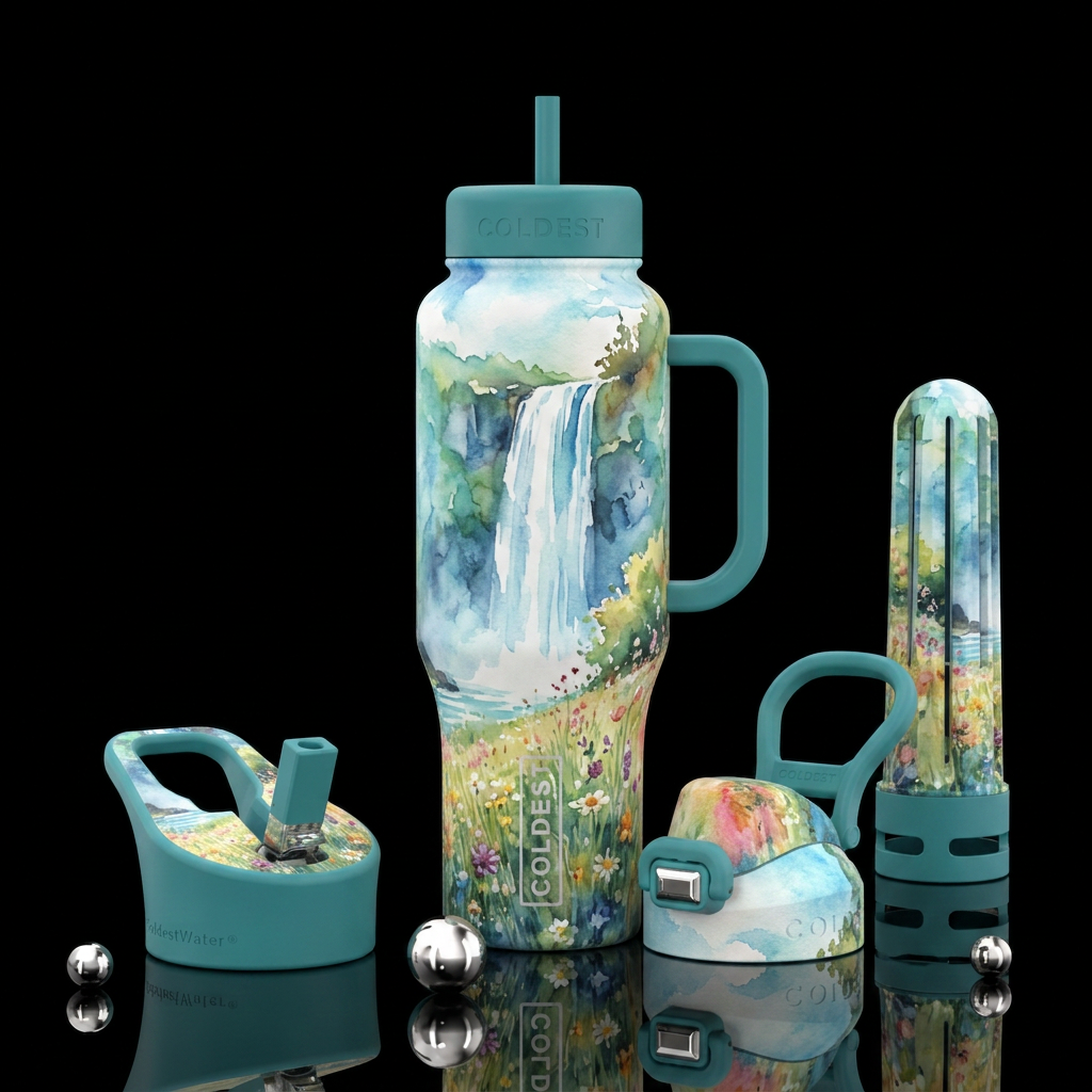 watercolor, waterfall,  meadow,  beautiul water bottle design