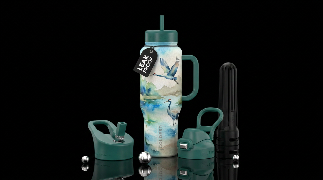 Crane flying over pond, and one in the water,  tex... water bottle design