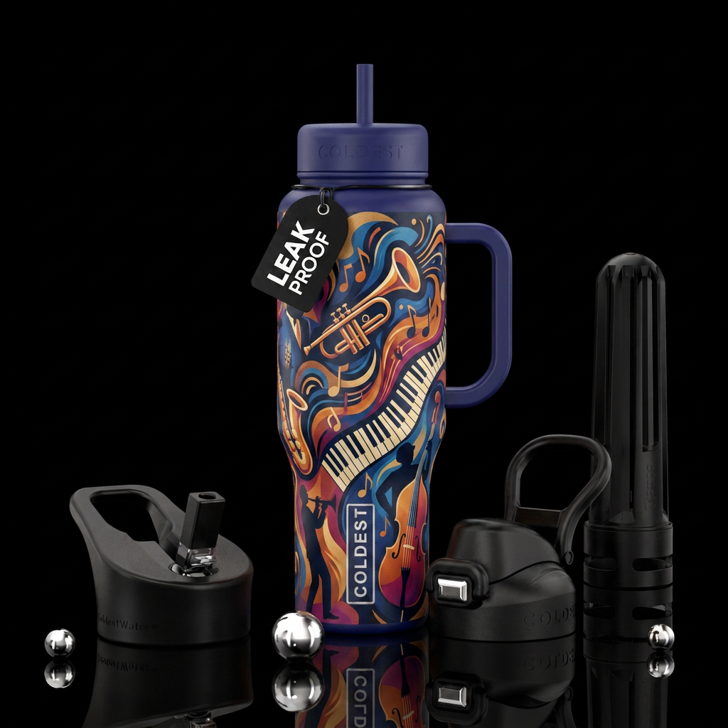 jazz on a black bottle,  artistic, abstract,  musi... water bottle design