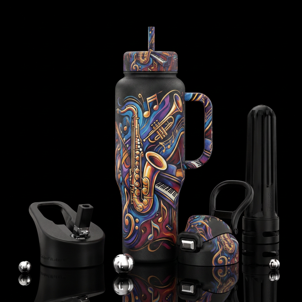 jazz on a black bottle,  artistic, abstract,  musi... water bottle design