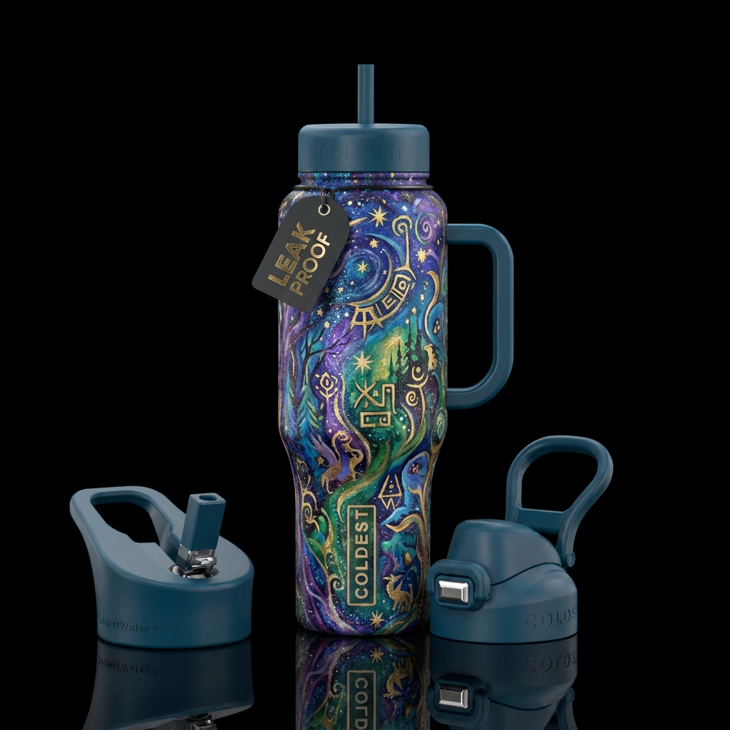 folklore, sparkly, fantasy, abstract, oil painted water bottle design
