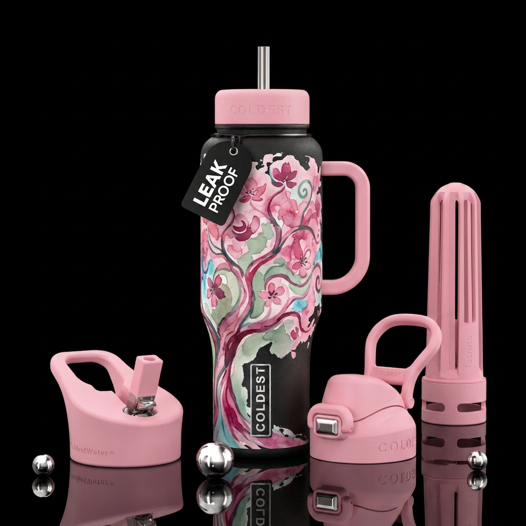 cherry blossom, ancient, watercolor, trees, abstra... water bottle design