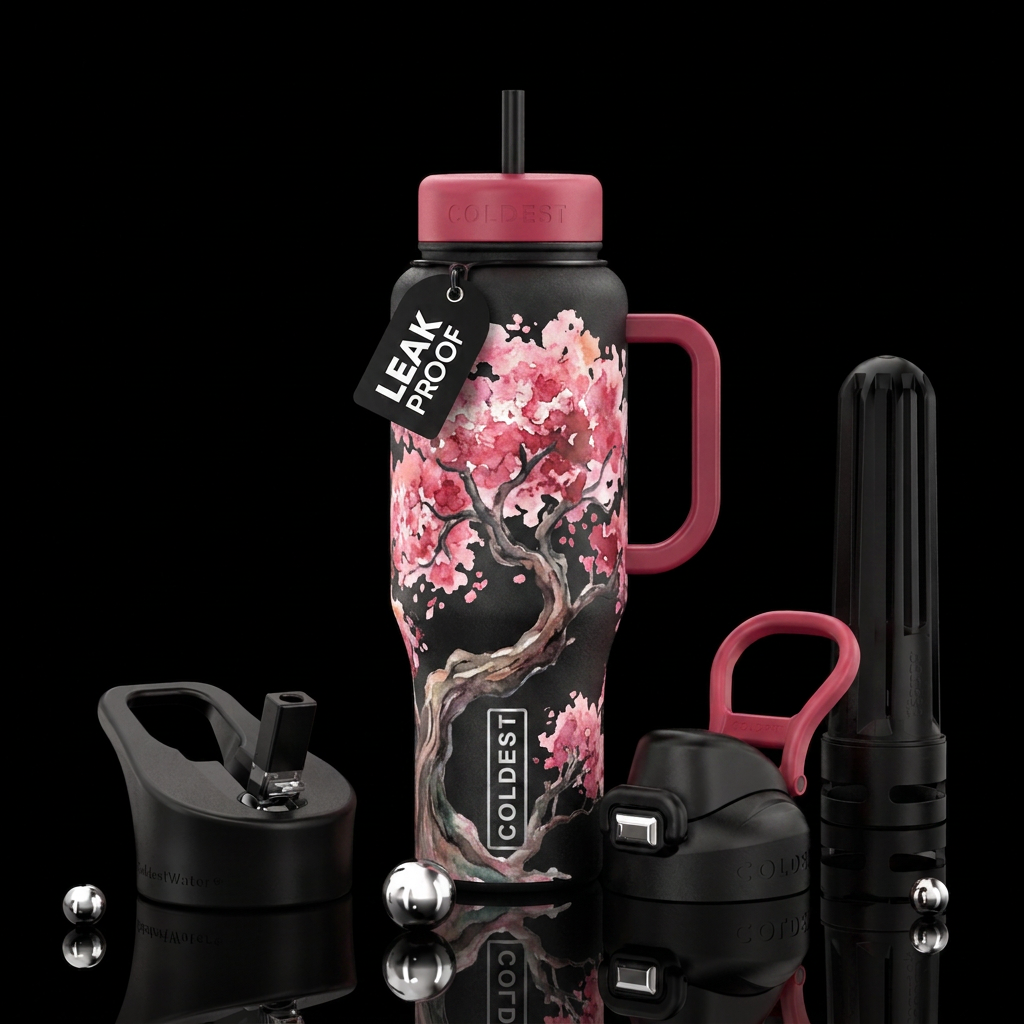 cherry blossom, ancient, watercolor, trees, abstra... water bottle design