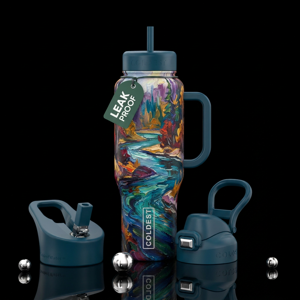oil painted,  texture,, river, abstract, artistic water bottle design