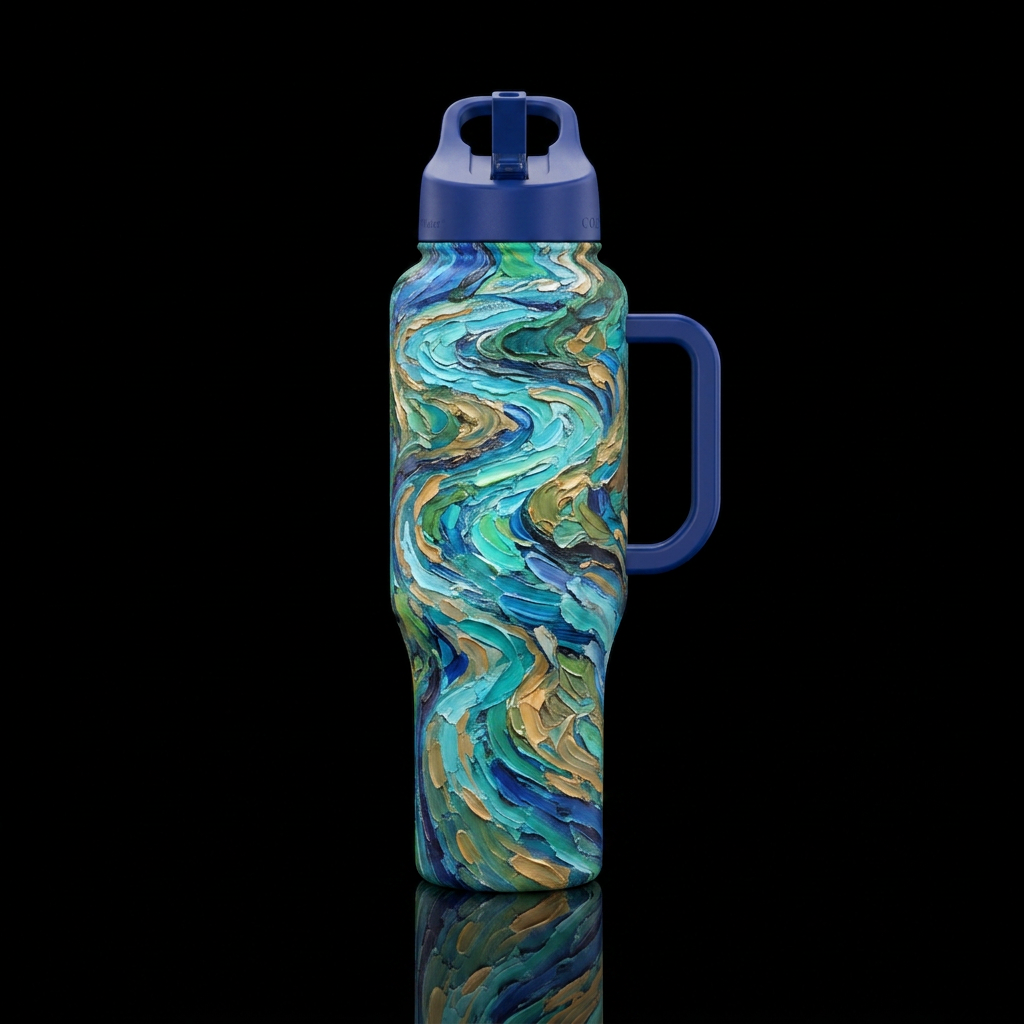 oil painted,  texture,, river, abstract, artistic water bottle design
