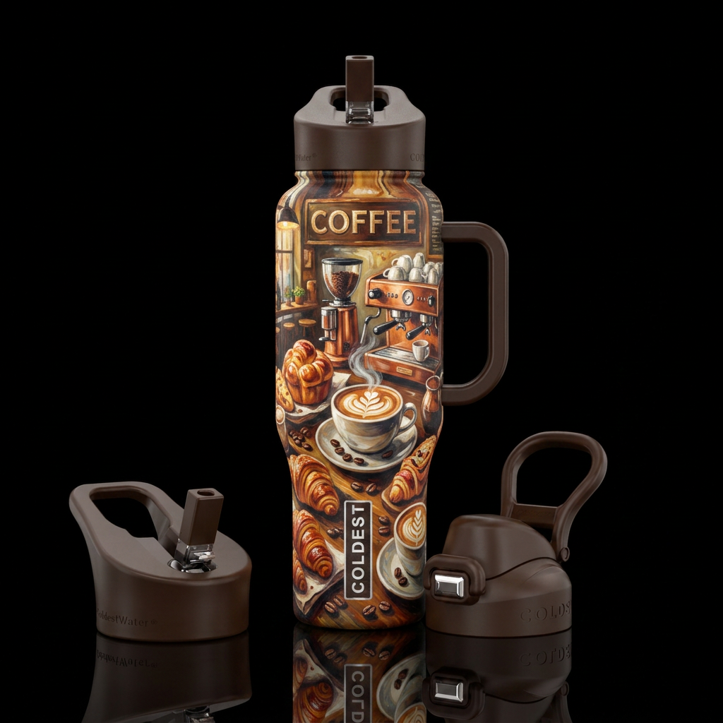 Steamy coffee, beautiul, luxurious,  breakfast pas... water bottle design