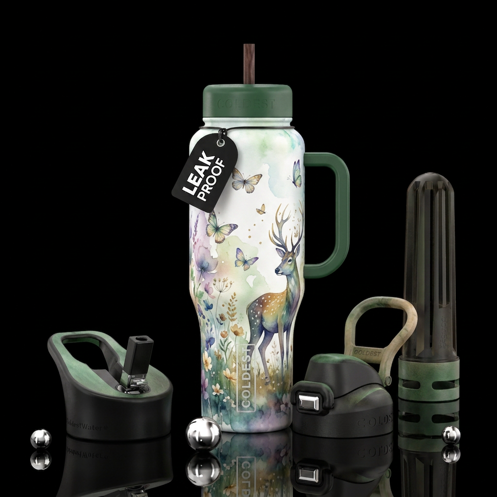 meadow, butterfly,  deer, beautiul,  fantasy, arti... water bottle design