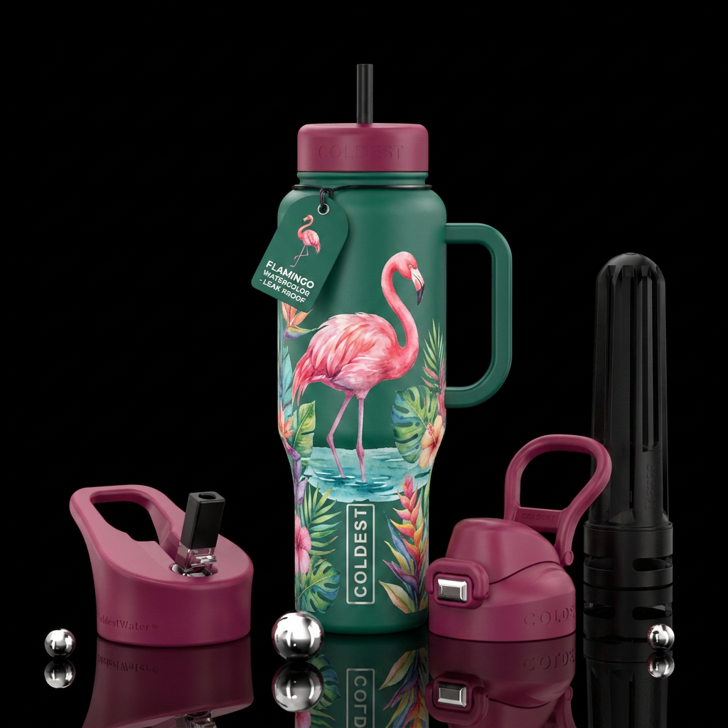 Flamingo in water summer,  tropical, watercolor water bottle design