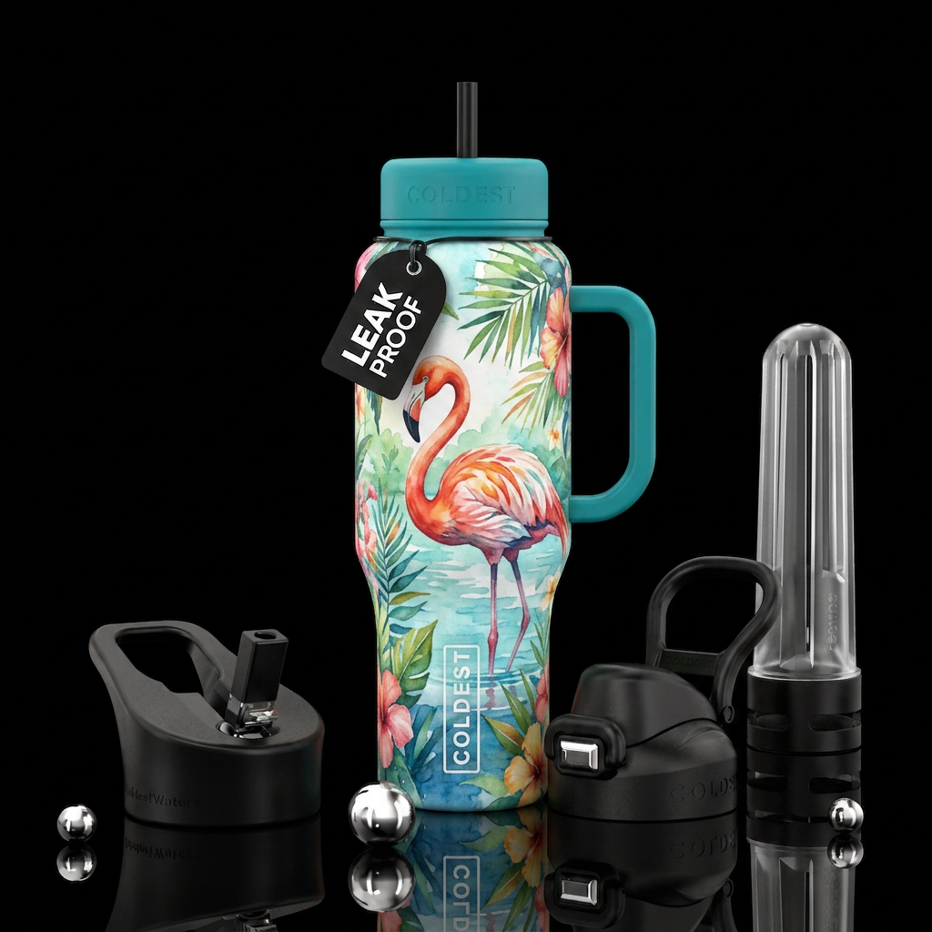 Flamingo in water summer,  tropical, watercolor water bottle design