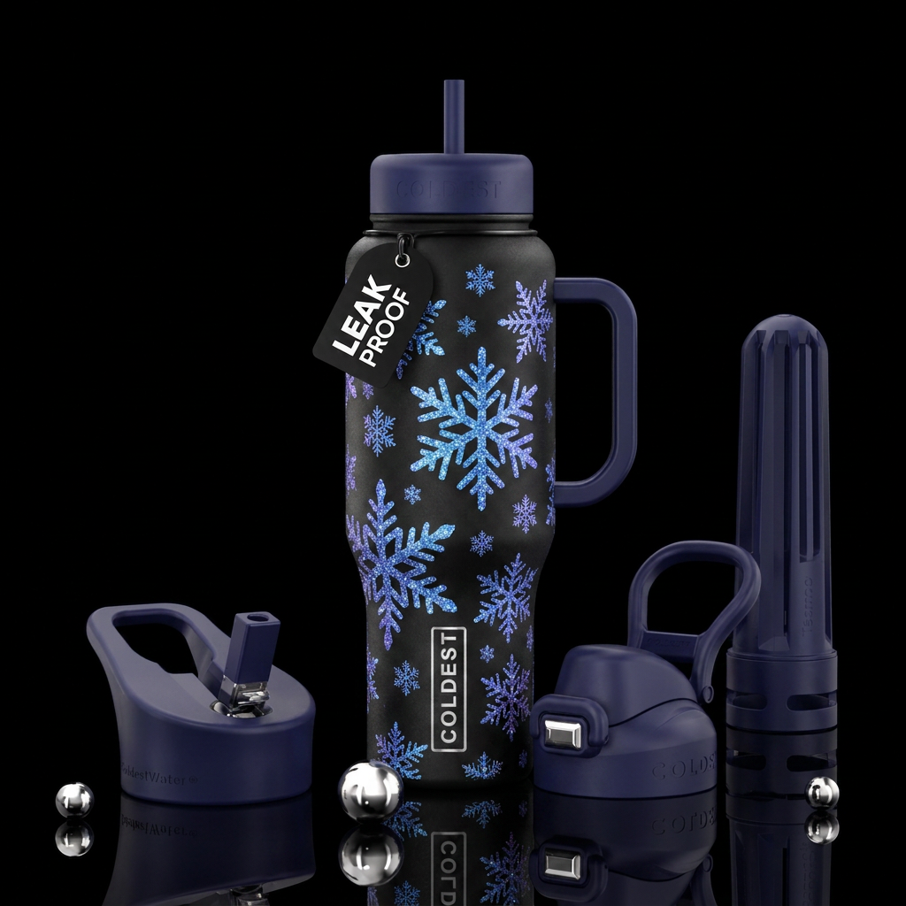 Black bottle,  snowflakes falling big to small , s... water bottle design