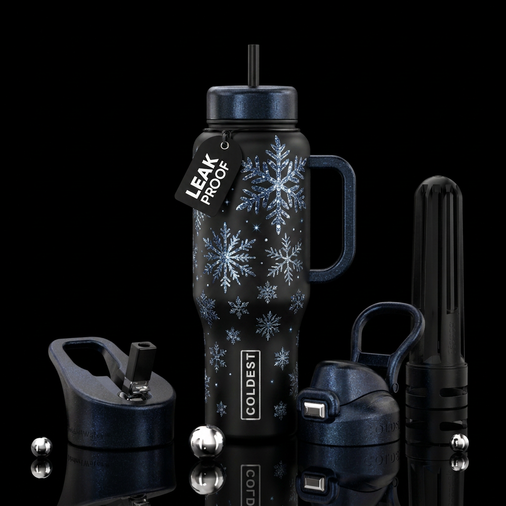 Black bottle,  snowflakes falling big to small , s... water bottle design