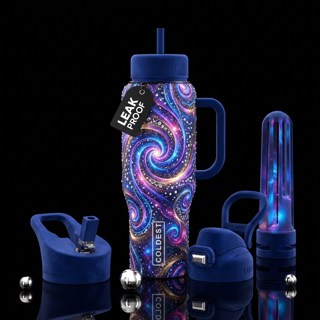 luxurious, sparkly,  enchanted, spirals water bottle design