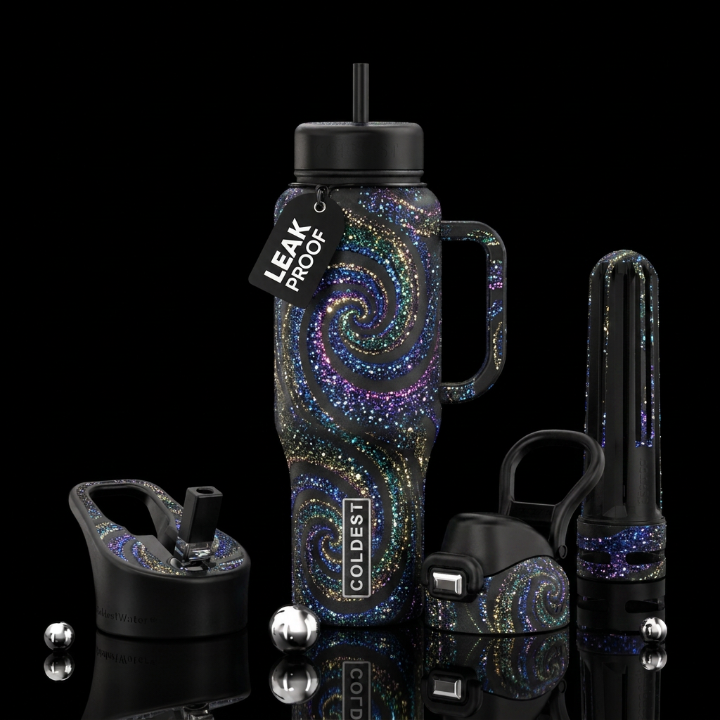 luxurious, sparkly,  enchanted, spirals water bottle design