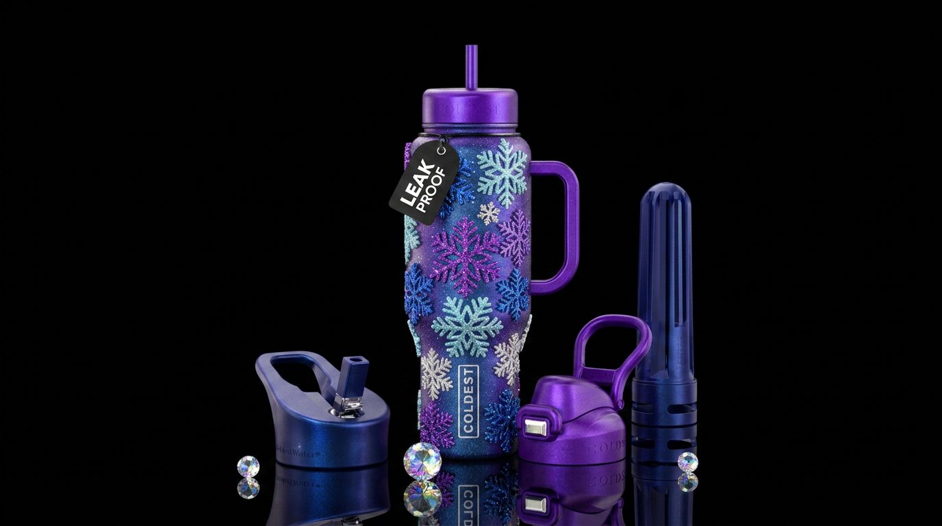 3D snowflakes ❄️ falling down,  sparkly water bottle design