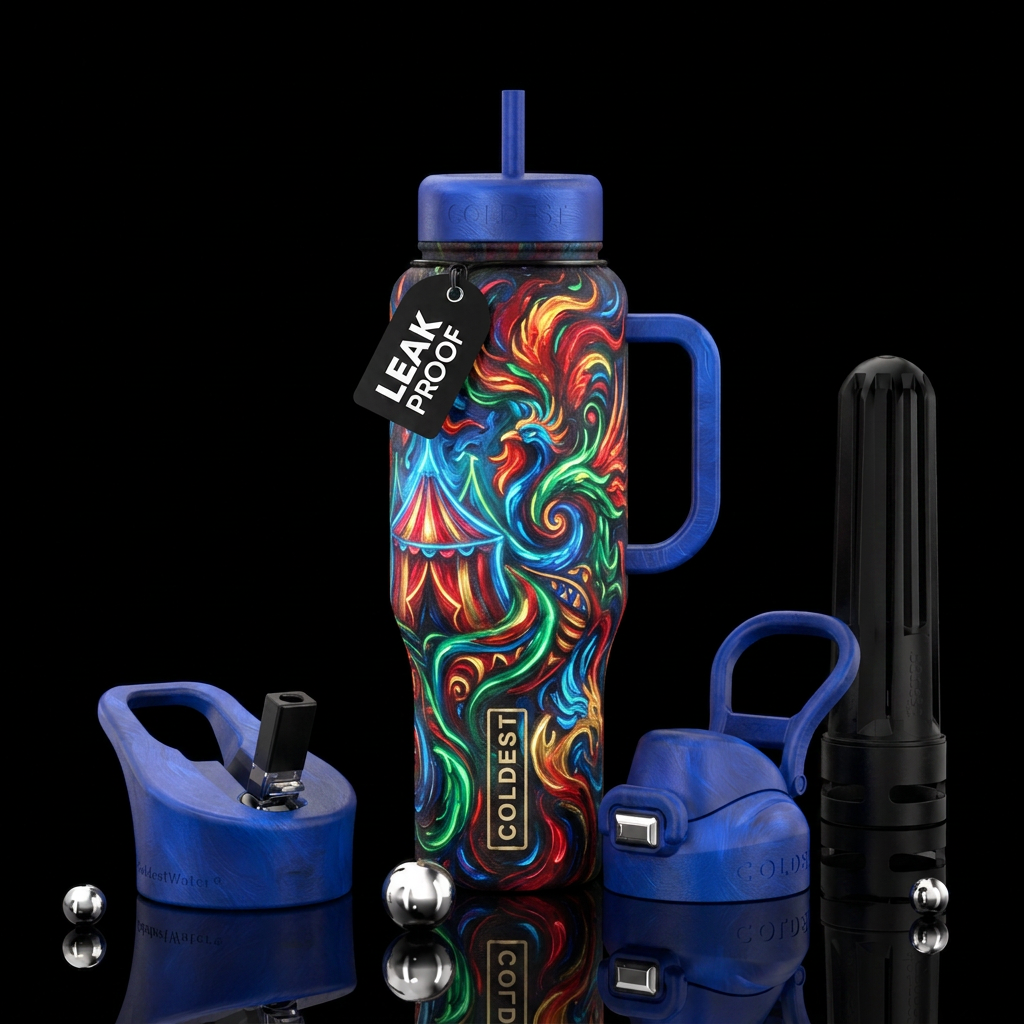 circus, glowie,  artistic,  abstract, oil painted,... water bottle design
