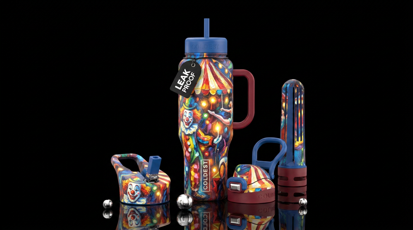 circus, glowie,  artistic,  abstract, oil painted,... water bottle design
