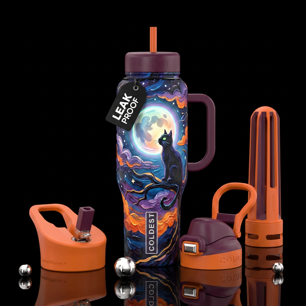 Full moom, black cat looking up at the moon. Hallo... water bottle design
