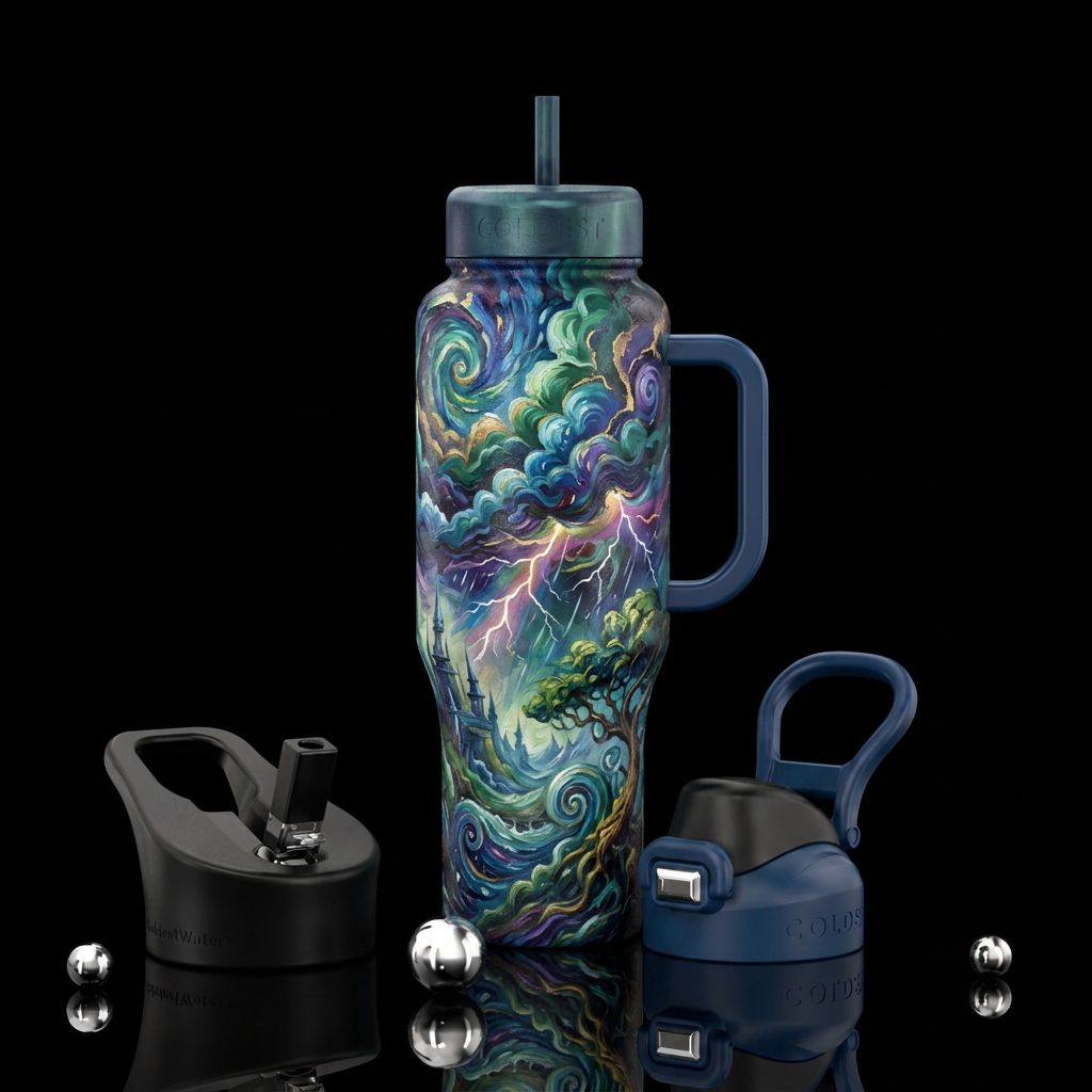 Rain storm, fantasy, swirls, artistic, oil painted water bottle design