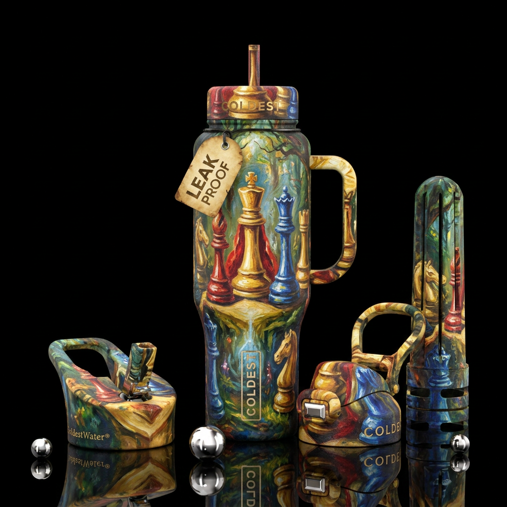 Chess pieces, fantasy, beautiul, vibrant, oil pain... water bottle design