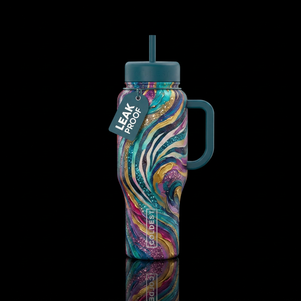 Zebra strap, sparkly,, oil painted, swirls, abstra... water bottle design
