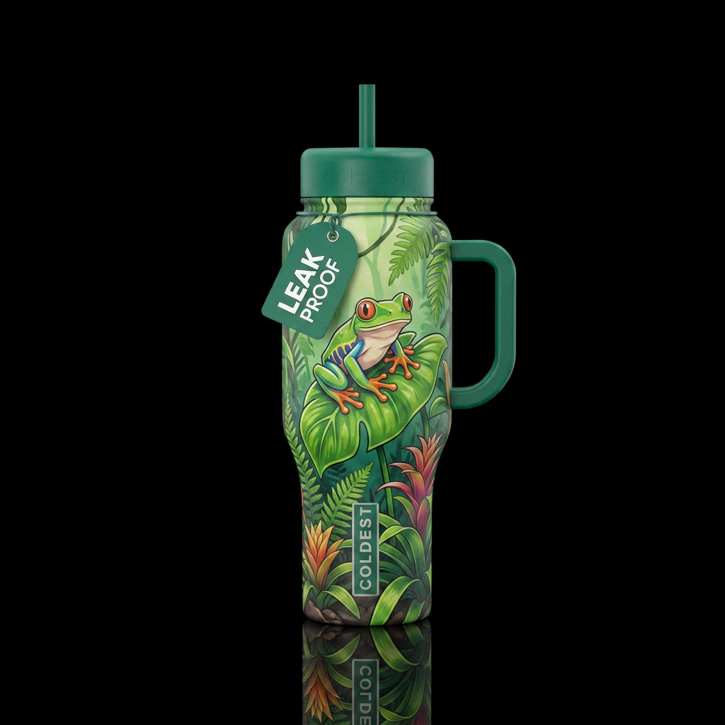 Cute colorful tree frog on a tropical plant,  beau... water bottle design