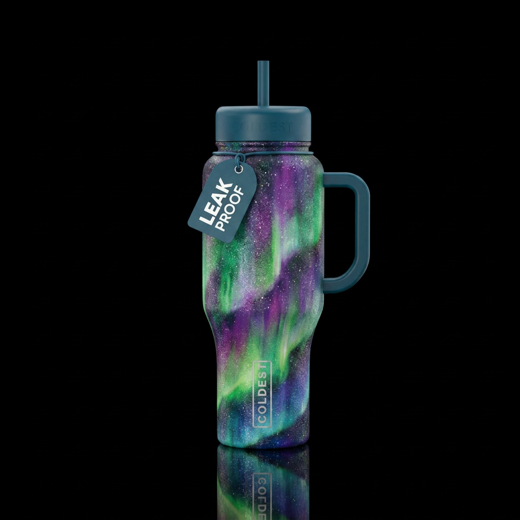 northern lights, sparkly, vibrant, painting, artis... water bottle design