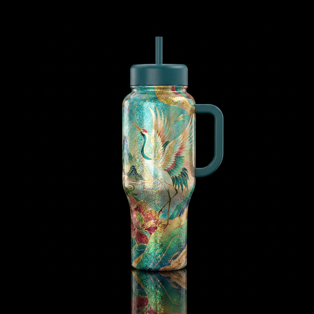 Crane in a Chinese Water Garden, beautiul, sparkly... water bottle design