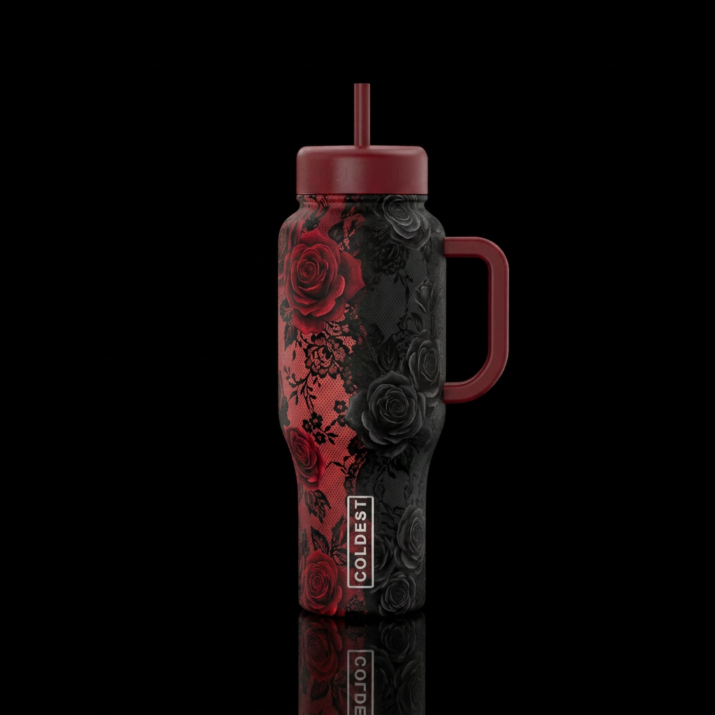 Half red and half black rose, lace,  romantic vibe water bottle design