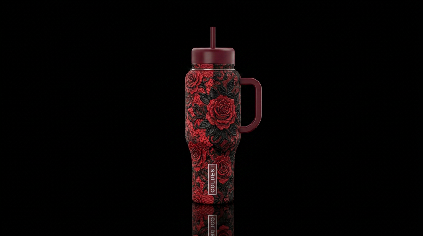 Half red and half black rose, lace,  romantic vibe water bottle design