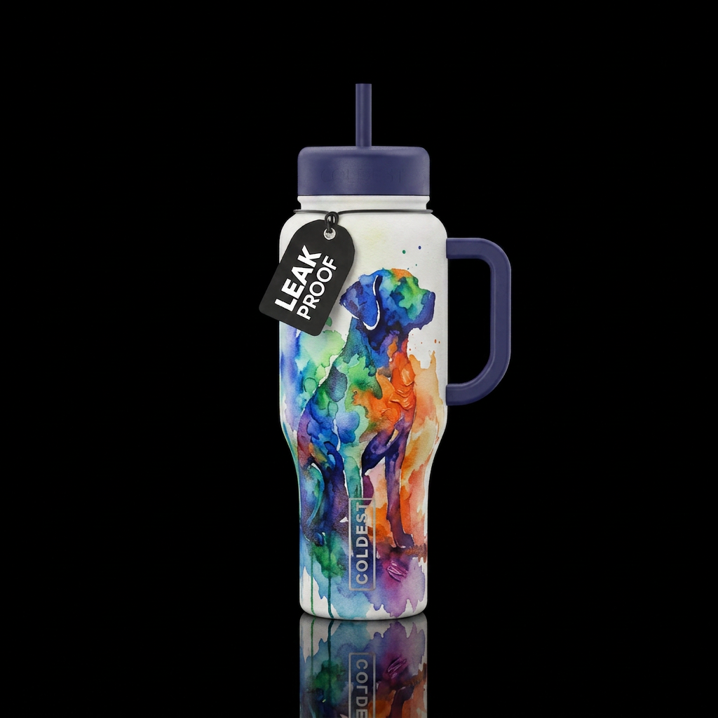 Silhouette of a dog, watercolor, oil painted, abst... water bottle design