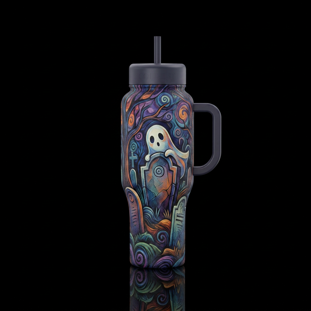 Cute ghost in a graveyard,  peeking over a headsto... water bottle design