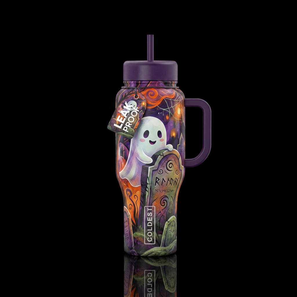 Cute ghost in a graveyard,  peeking over a headsto... water bottle design